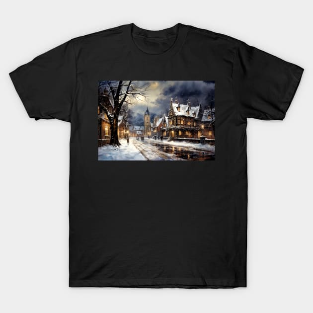 Oil Painting of a Snowy Village Street 2 - Landscape T-Shirt by jecphotography